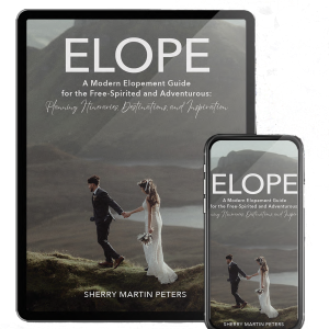 An ipad and iphone showing displaying an Elope ebook. The book cover is called ELOPE. The image on the screen is of a bride and groom walking along a mountain ridge, overlooking other mountains and a lake. This is the modern way to have an adventure elopement.