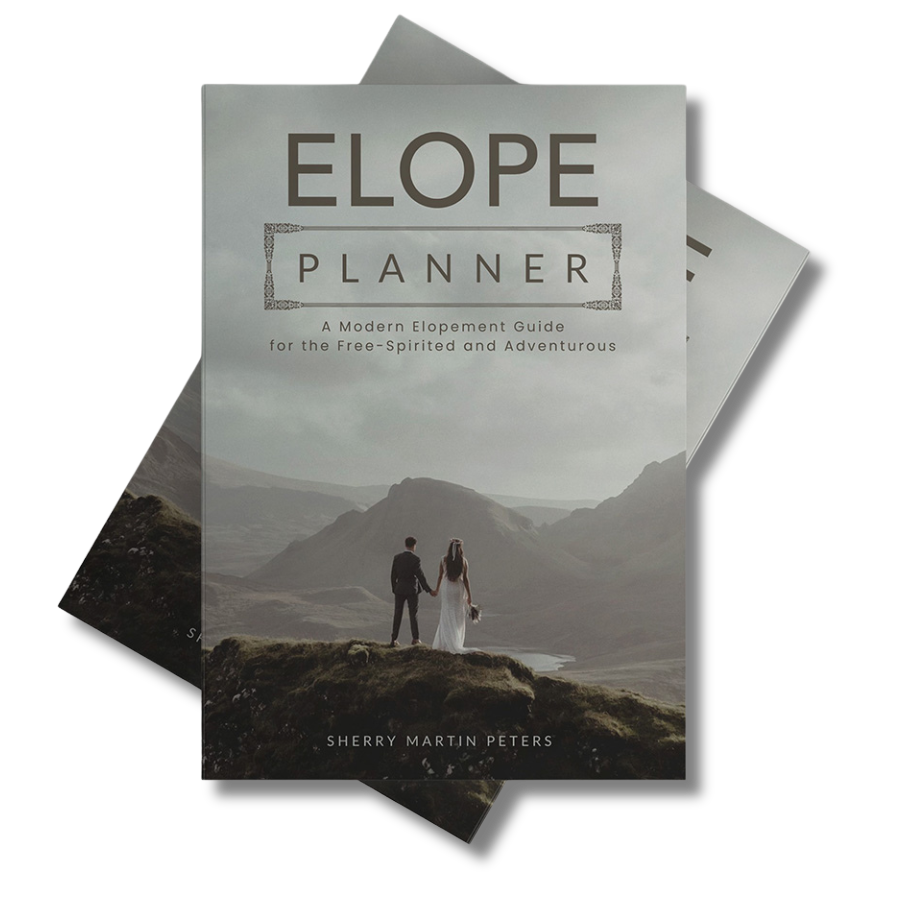 ELopement planner by Sherry Martin Peters shows the cover of a planner with a bride and groom eloping on a side of a mountain in Scotland