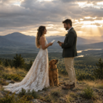 Bride and groom exchanging vows with their dog during a mountain elopement
