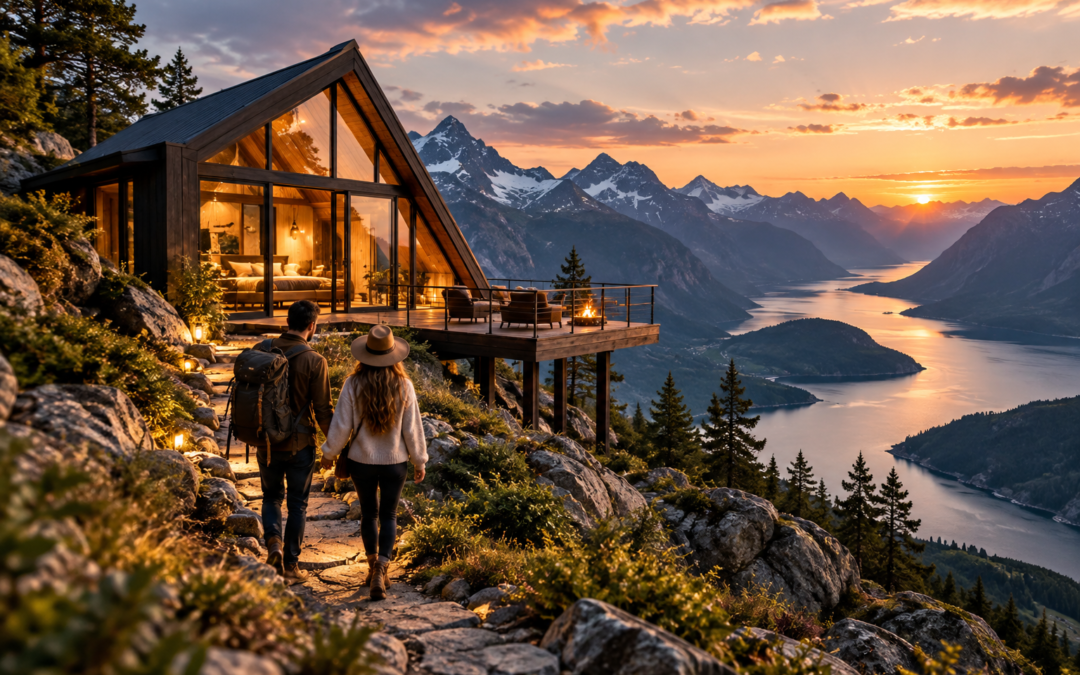 Couple walking toward a unique mountain cabin overlooking a fjord at sunset