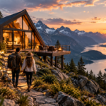 Couple walking toward a unique mountain cabin overlooking a fjord at sunset