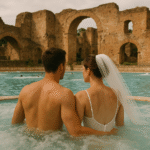 A newlywed couple sitting in a bubble pool, with roman ruins around the property. A wellness elopement with rituals and presence