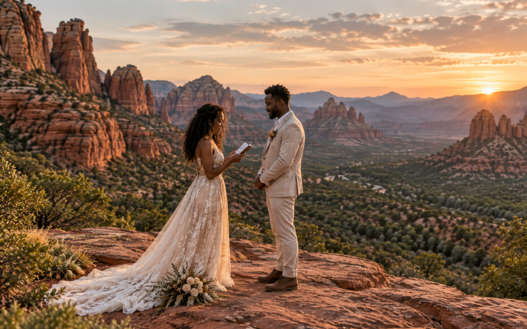 Couple exchanging wedding vows among dramatic red rocks at sunset