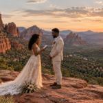 Couple exchanging wedding vows among dramatic red rocks at sunset